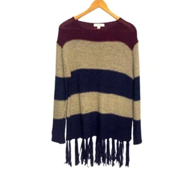 Onetheland Tunic Sweater L Wine Tan Blue Blocks Stripe  Fringe Bottom Knit - Picture 1 of 11